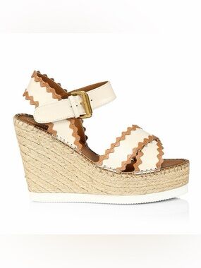 See by Chloé Cream and Tan Scalloped Espadrille Wedge Sandals | Size 39